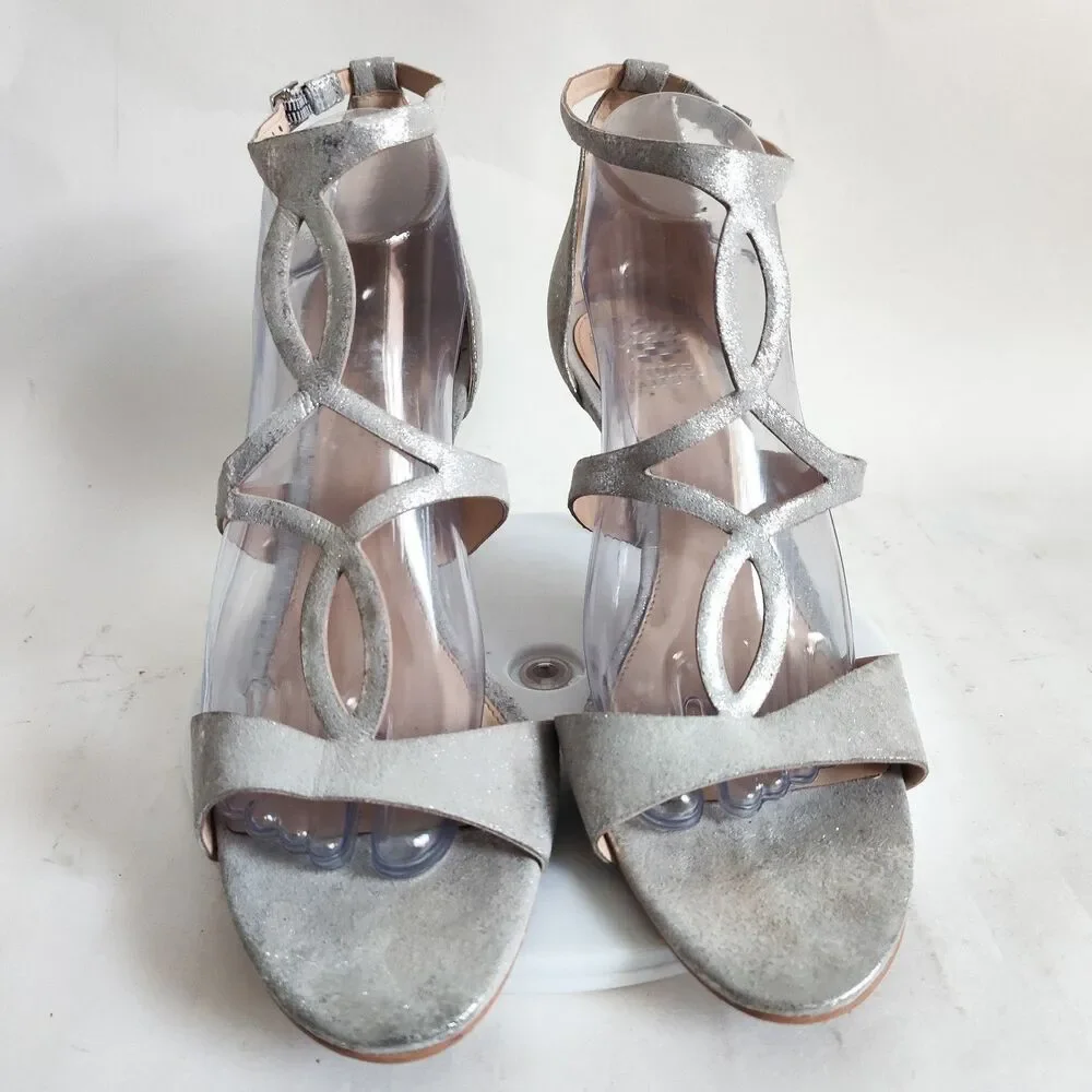 New Vince Camuto Sandals Size 10‎ Leather Silver Formal Strappy Heels Payto Gala